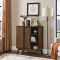 Sideboard im Mid-Century-Modern-Stil aus Rattan, Anrichte mit verstellbarem Regalboden, Füßen aus Massivholz und Rattantüren