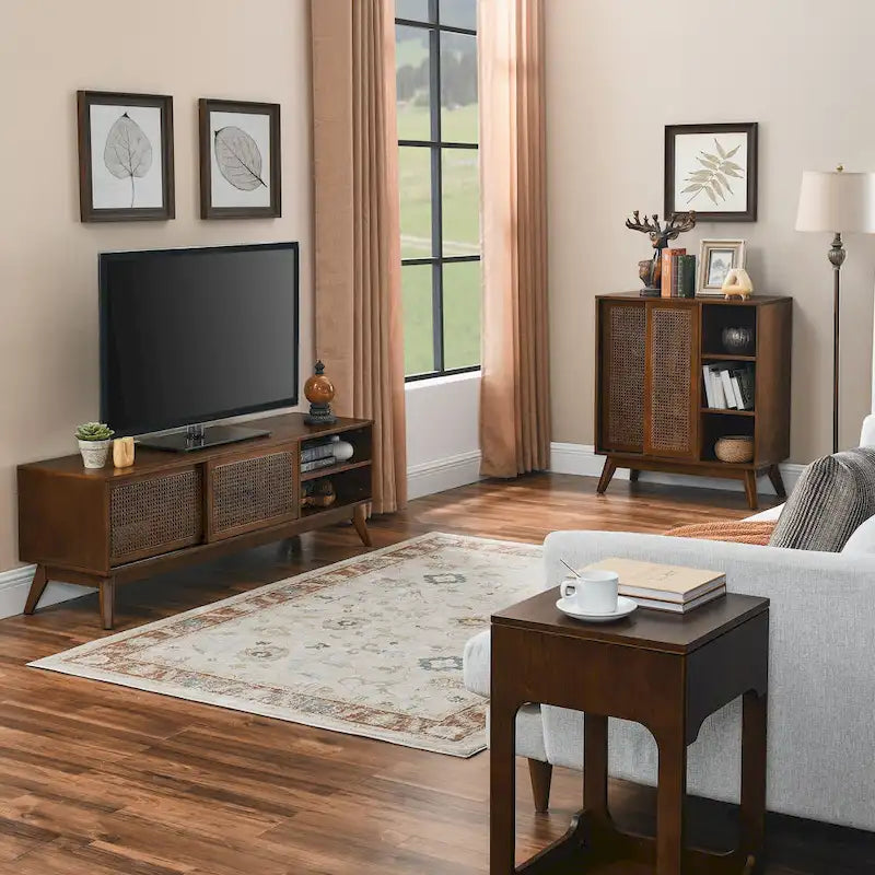 Sideboard im Mid-Century-Modern-Stil aus Rattan, Anrichte mit verstellbarem Regalboden, Füßen aus Massivholz und Rattantüren