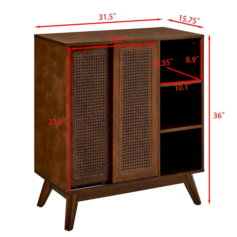 Sideboard im Mid-Century-Modern-Stil aus Rattan, Anrichte mit verstellbarem Regalboden, Füßen aus Massivholz und Rattantüren