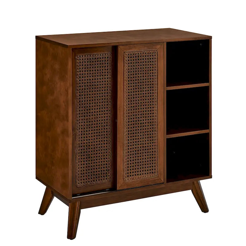 Sideboard im Mid-Century-Modern-Stil aus Rattan, Anrichte mit verstellbarem Regalboden, Füßen aus Massivholz und Rattantüren