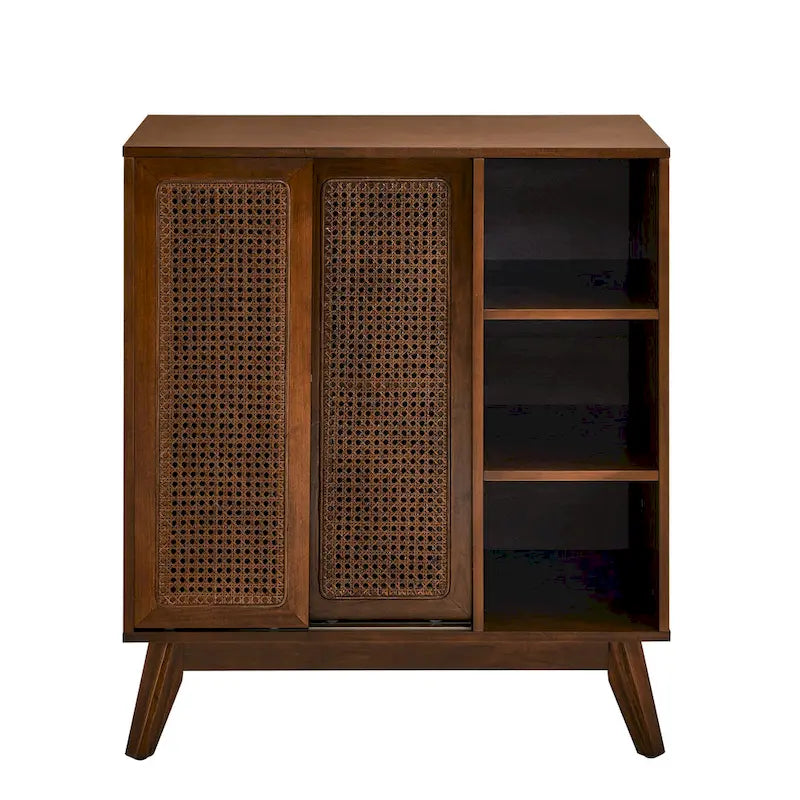 Sideboard im Mid-Century-Modern-Stil aus Rattan, Anrichte mit verstellbarem Regalboden, Füßen aus Massivholz und Rattantüren
