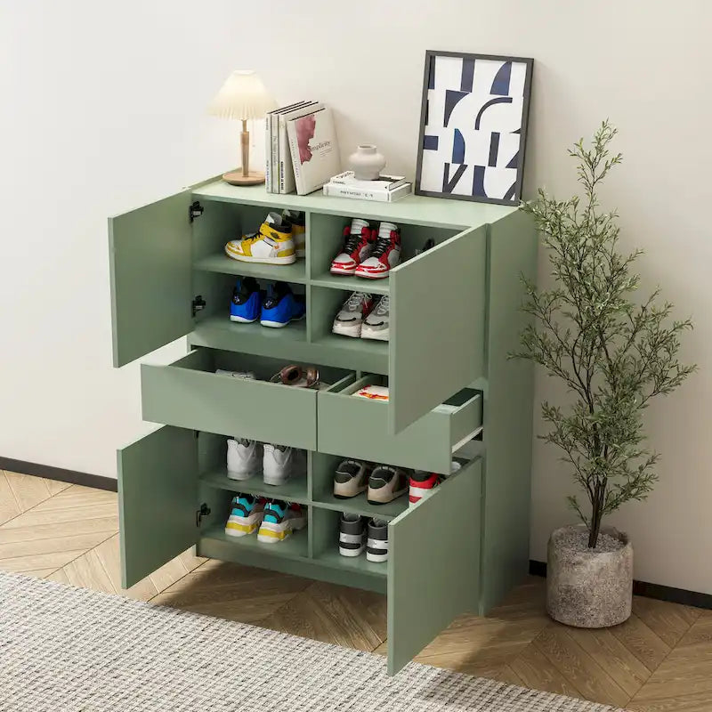Armario de almacenamiento de madera verde con 4 puertas y 2 cajones