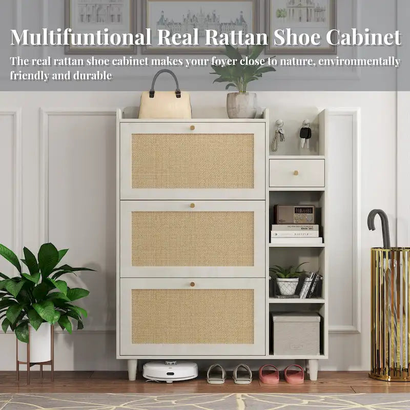 Schuhschrank im Stil eines Schuhregals mit 3 Rattanklappschubladen, 3 quadratischen Regalen und 1 Aufbewahrungsschublade