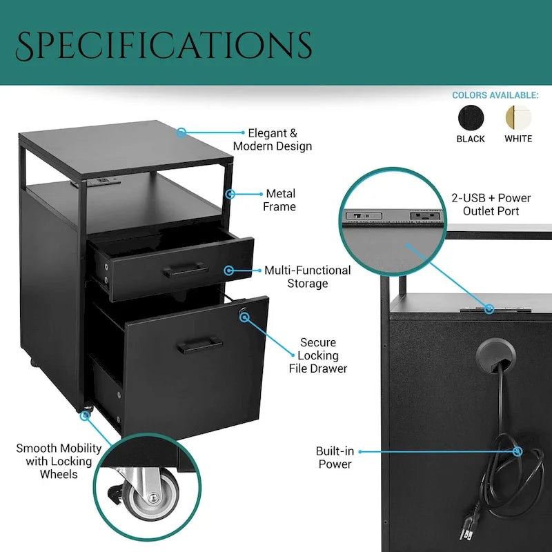 Kompakter Rollcontainer mit Schloss, USB-Anschluss und Steckdose