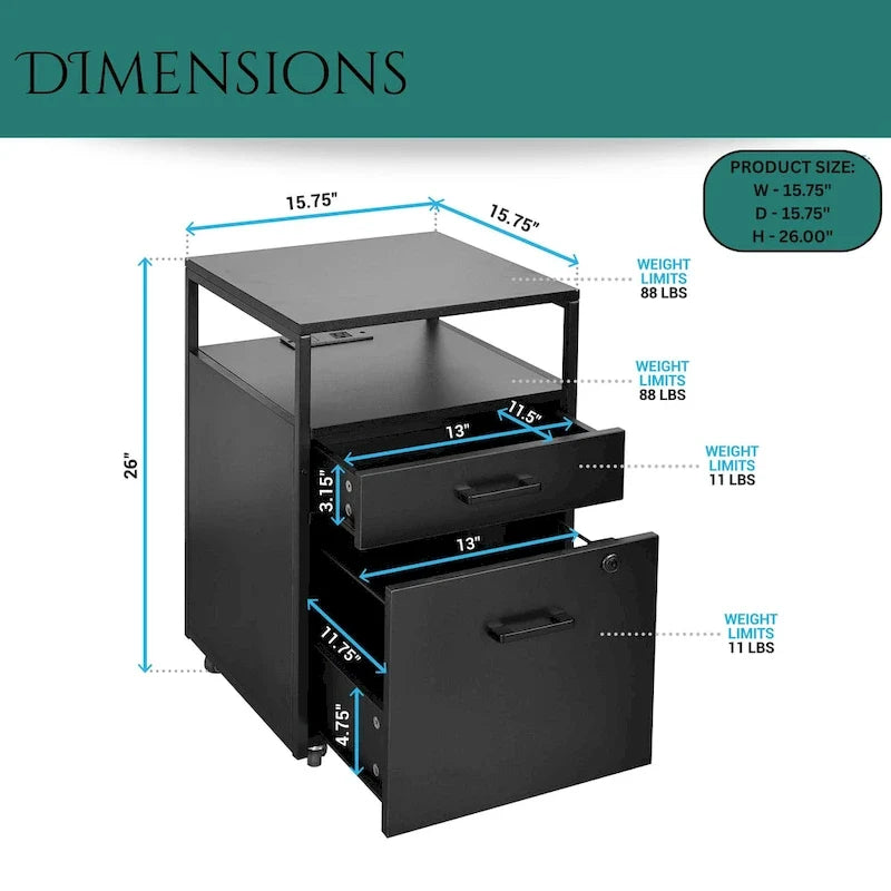 Kompakter Rollcontainer mit Schloss, USB-Anschluss und Steckdose