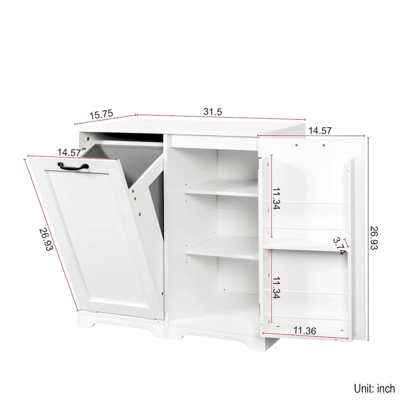 Freistehender Badezimmerschrank mit ausklappbarem Wäschekorb und verstellbarem Regalboden, Türregal-Design