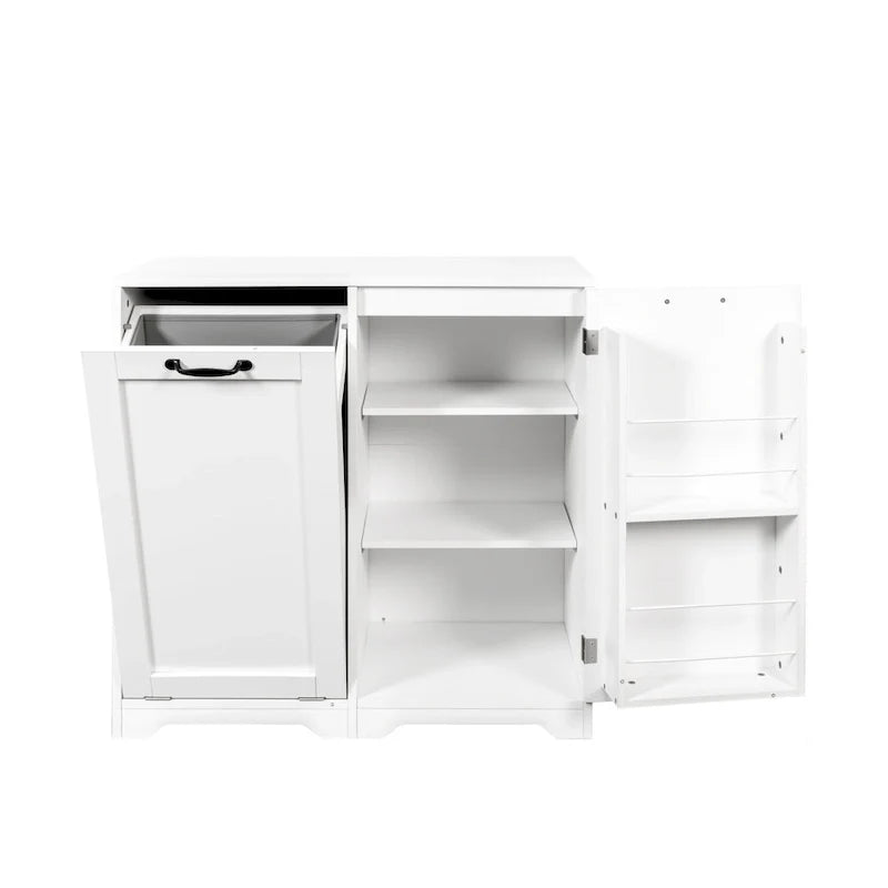 Freistehender Badezimmerschrank mit ausklappbarem Wäschekorb und verstellbarem Regalboden, Türregal-Design