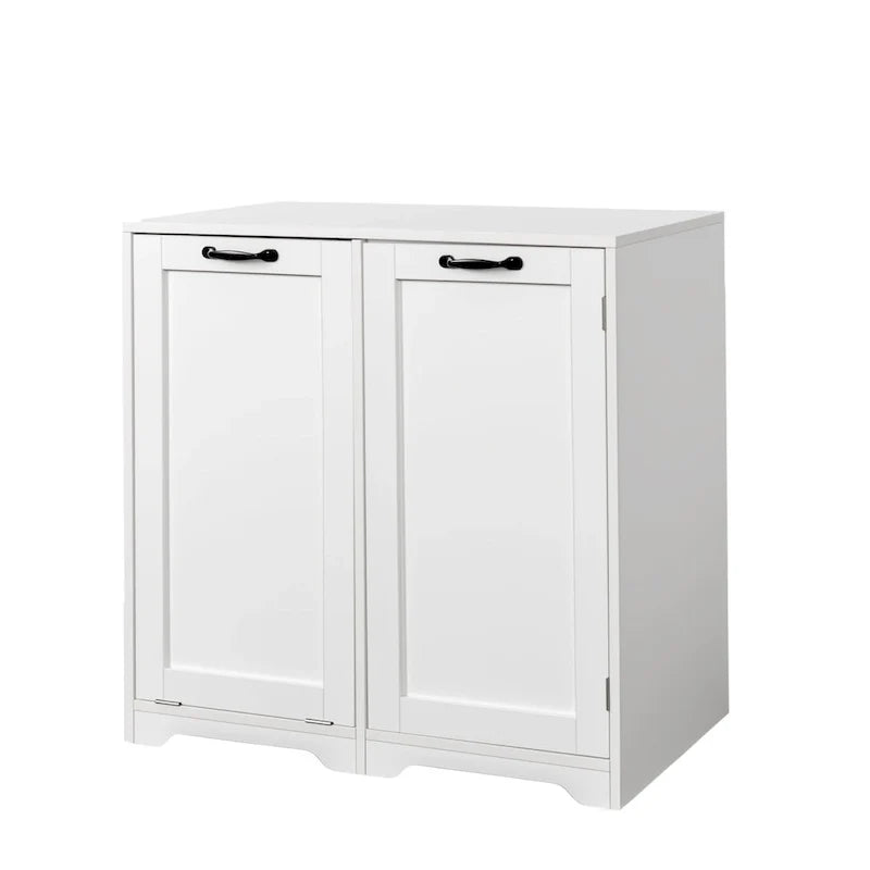 Freistehender Badezimmerschrank mit ausklappbarem Wäschekorb und verstellbarem Regalboden, Türregal-Design