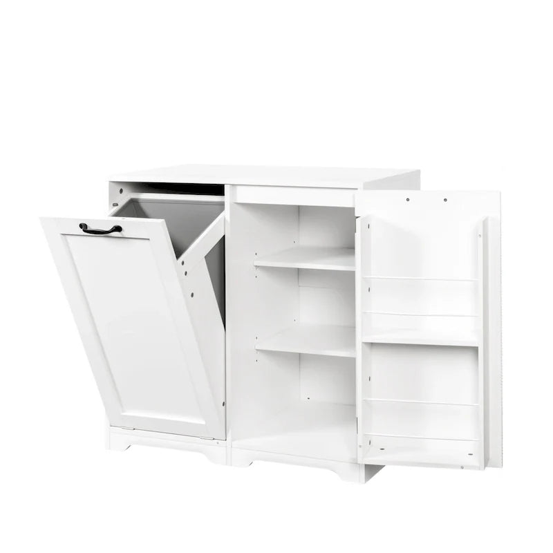 Freistehender Badezimmerschrank mit ausklappbarem Wäschekorb und verstellbarem Regalboden, Türregal-Design