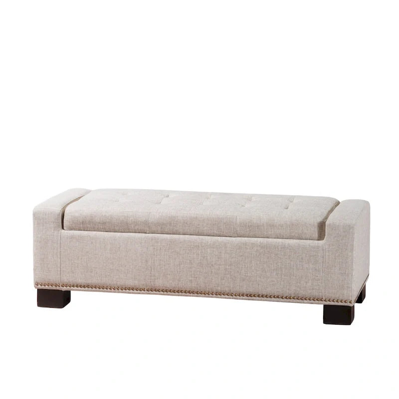 Abigail Storage Ottoman Bench, Nailhead Trim, Wheat Fabric, 51 Inch