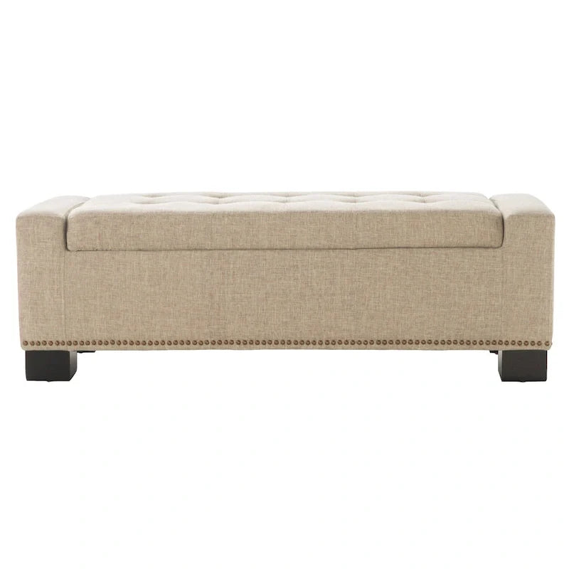 Banc coffre de rangement, bordure cloutée, tissu couleur blé, 51 pouces