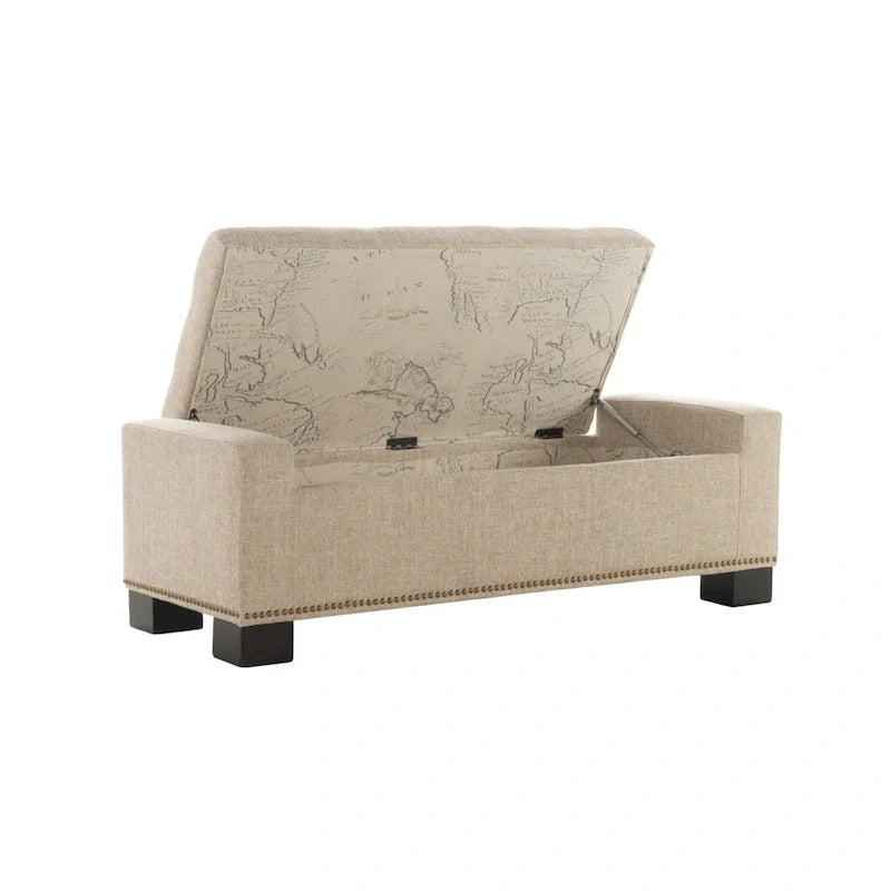 Banc coffre de rangement, bordure cloutée, tissu couleur blé, 51 pouces