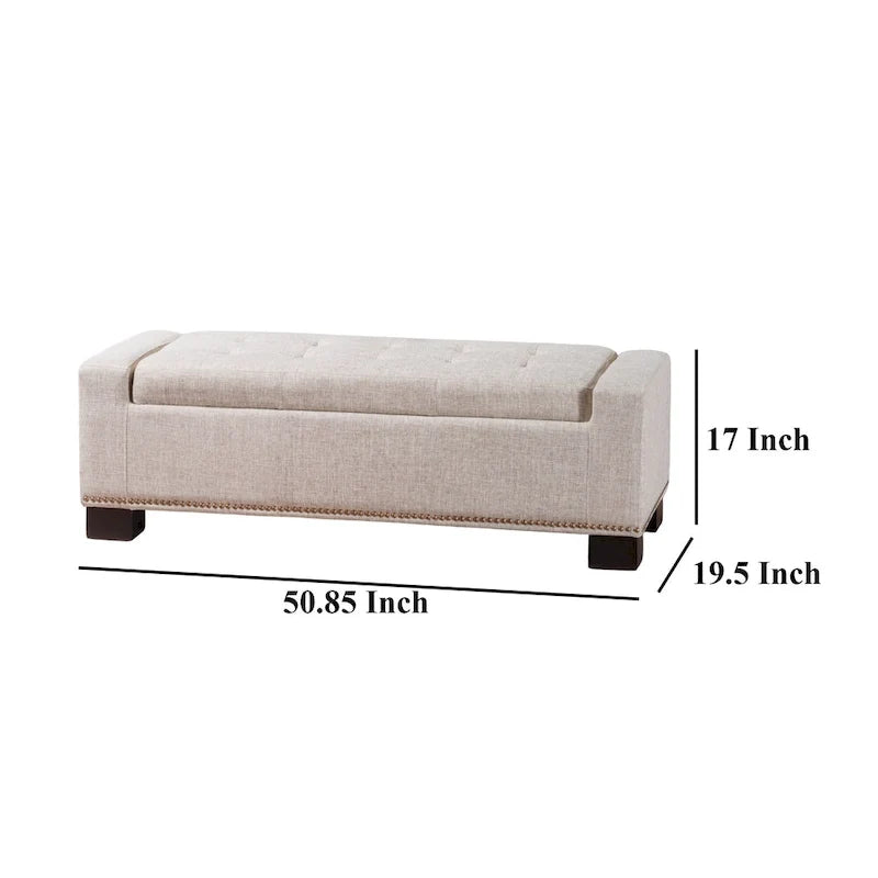 Banc coffre de rangement, bordure cloutée, tissu couleur blé, 51 pouces