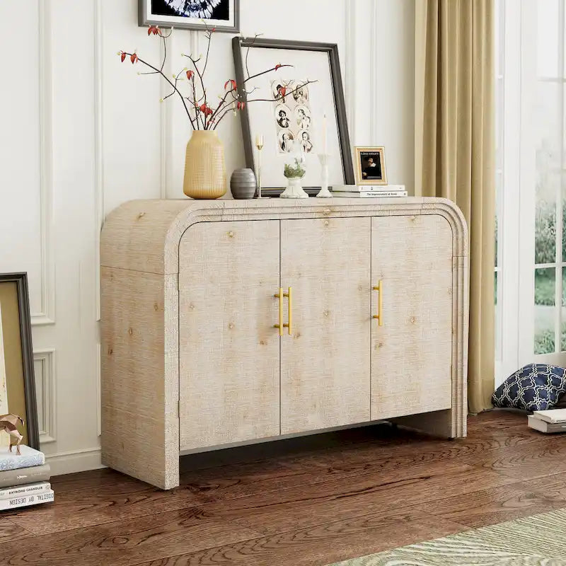 Meuble de rangement en bois avec 3 portes, buffet aux côtés incurvés avec poignées dorées, buffet avec séparateurs réglables