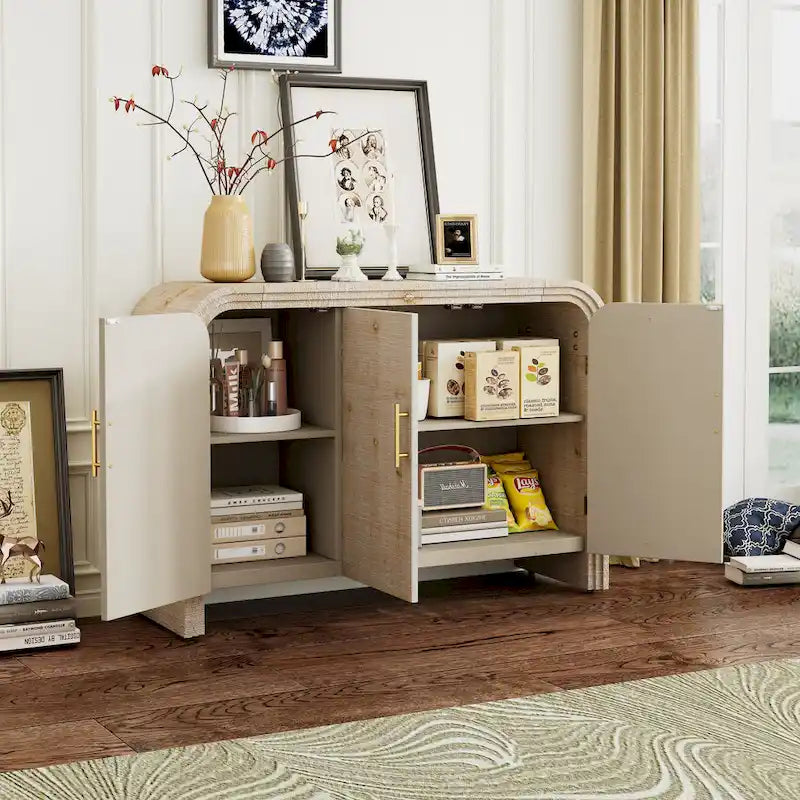 Meuble de rangement en bois avec 3 portes, buffet aux côtés incurvés avec poignées dorées, buffet avec séparateurs réglables