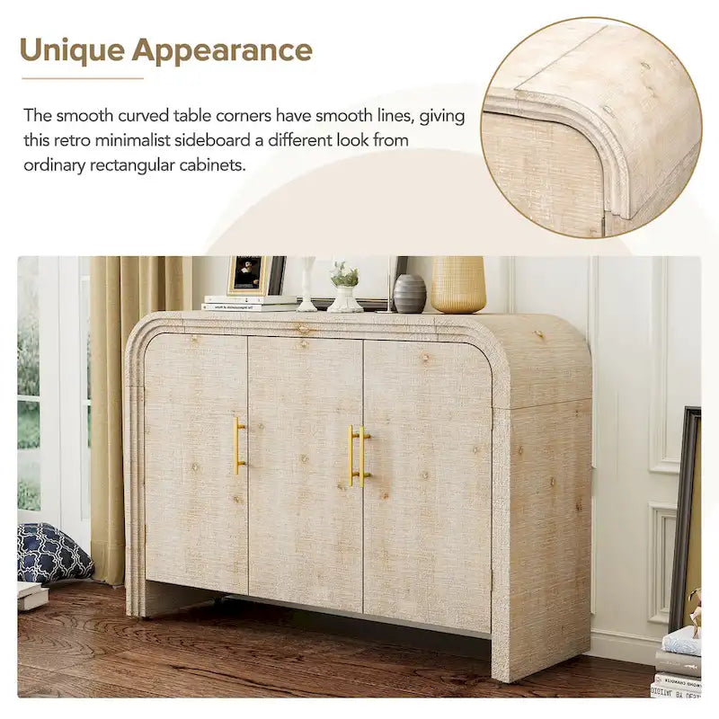 Meuble de rangement en bois avec 3 portes, buffet aux côtés incurvés avec poignées dorées, buffet avec séparateurs réglables
