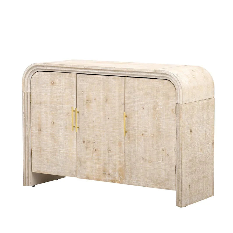 Meuble de rangement en bois avec 3 portes, buffet aux côtés incurvés avec poignées dorées, buffet avec séparateurs réglables