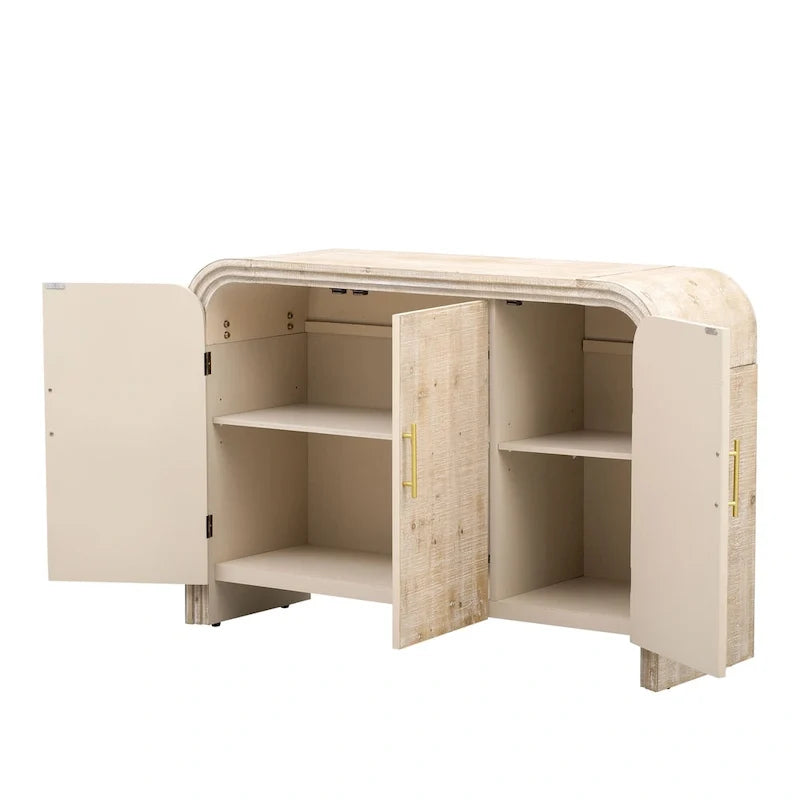 Meuble de rangement en bois avec 3 portes, buffet aux côtés incurvés avec poignées dorées, buffet avec séparateurs réglables
