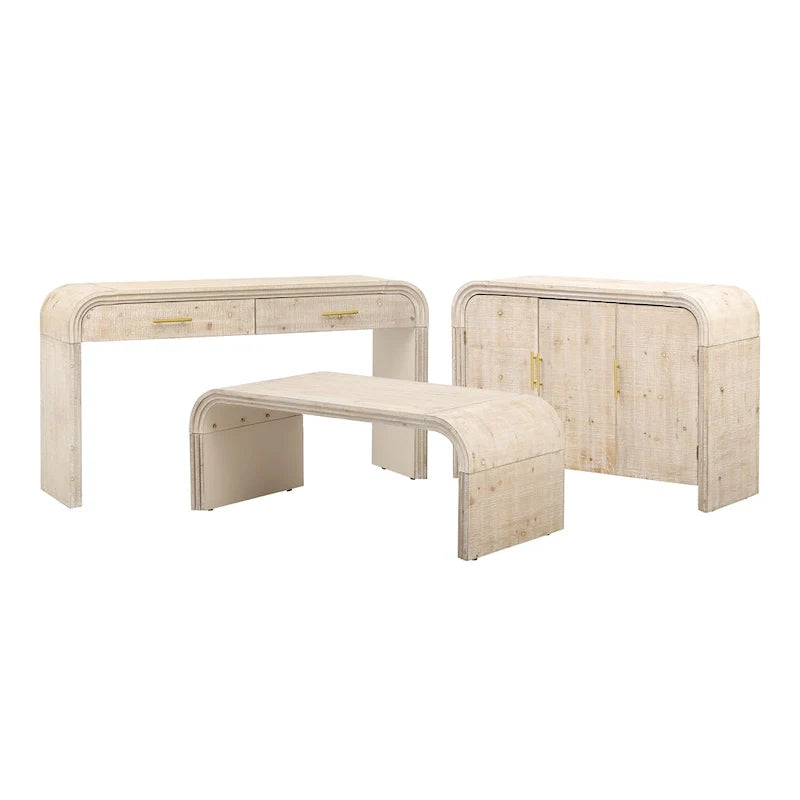 Meuble de rangement en bois avec 3 portes, buffet aux côtés incurvés avec poignées dorées, buffet avec séparateurs réglables
