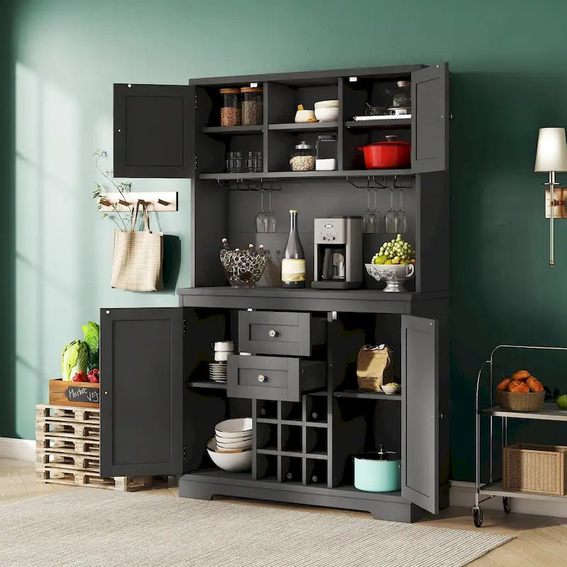 Meuble bar à café avec tiroirs, garde-manger de cuisine indépendant avec étagères et placards, buffet avec porte-verres