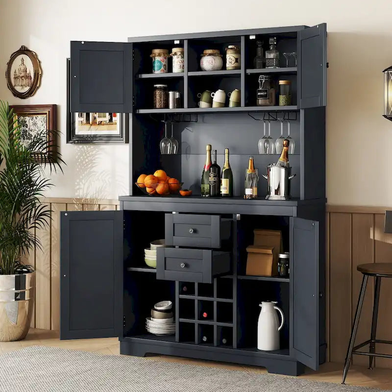 Meuble bar à café avec tiroirs, garde-manger de cuisine indépendant avec étagères et placards, buffet avec porte-verres