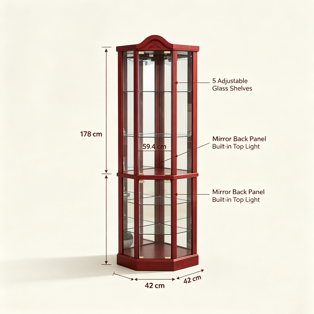 Vitrine d’angle éclairée avec porte vitrée, meuble avec barre lumineuse, meuble à vin avec étagères en verre réglables et décor sculpté
