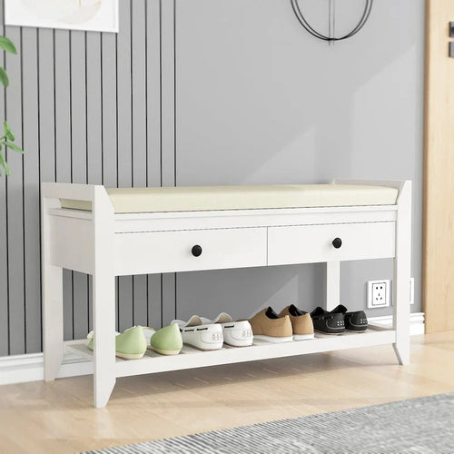 43 Entryway Storage Bench Shoe Rack with Cushioned Seat and Drawers
