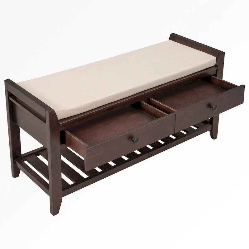 Banc de rangement d’entrée de 43 avec porte-chaussures, siège rembourré et tiroirs
