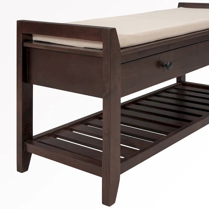 Banc de rangement d’entrée de 43 avec porte-chaussures, siège rembourré et tiroirs