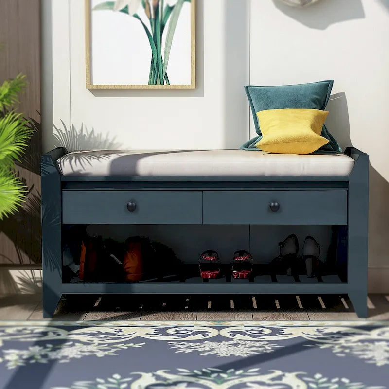 Banc de rangement d’entrée de 43 avec porte-chaussures, siège rembourré et tiroirs