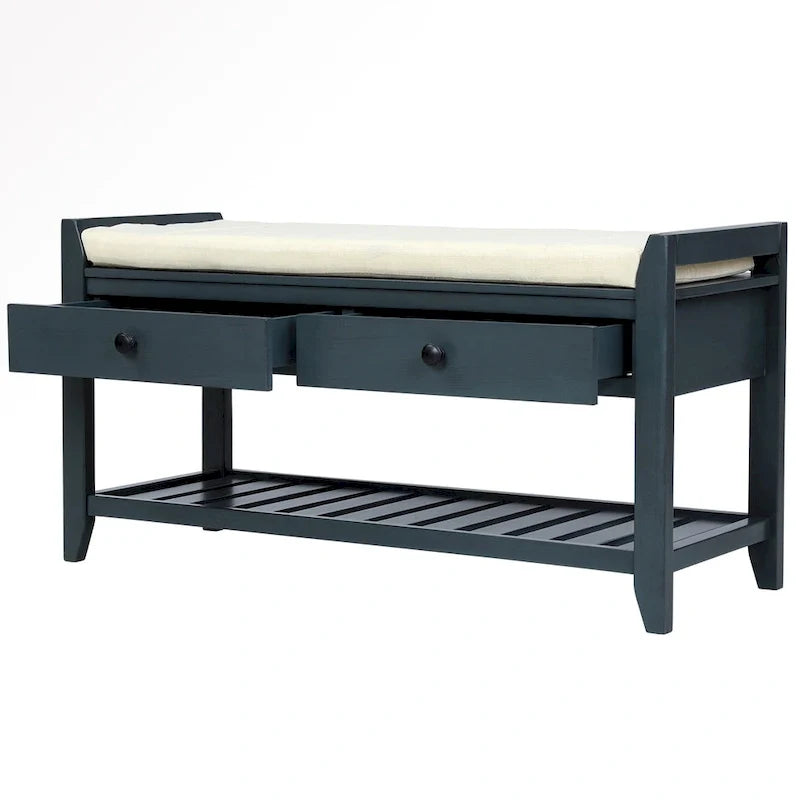 Banc de rangement d’entrée de 43 avec porte-chaussures, siège rembourré et tiroirs