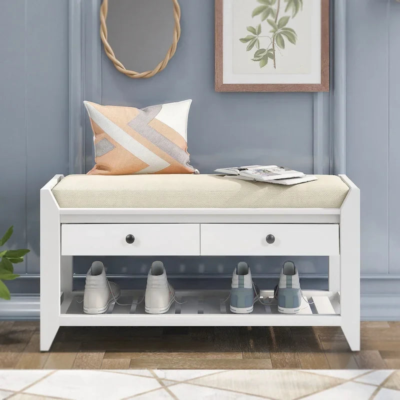Banc de rangement d’entrée de 43 avec porte-chaussures, siège rembourré et tiroirs