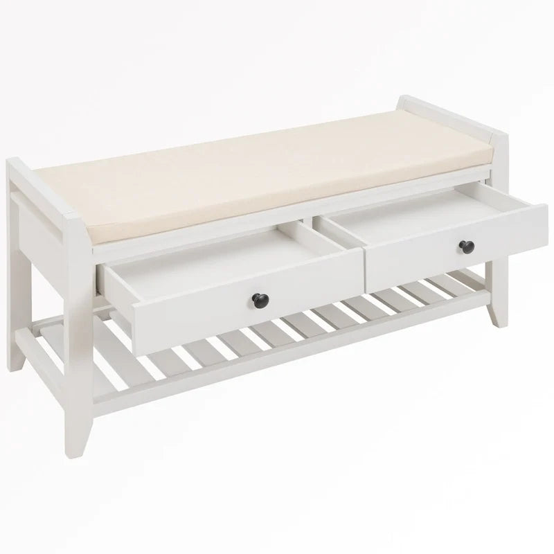 Banc de rangement d’entrée de 43 avec porte-chaussures, siège rembourré et tiroirs