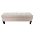 Long banc de rangement en tissu et bois, avec capitonnage à boutons