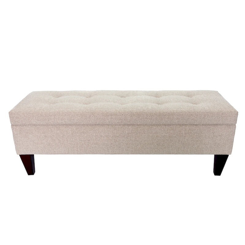 Long banc de rangement en tissu et bois, avec capitonnage à boutons