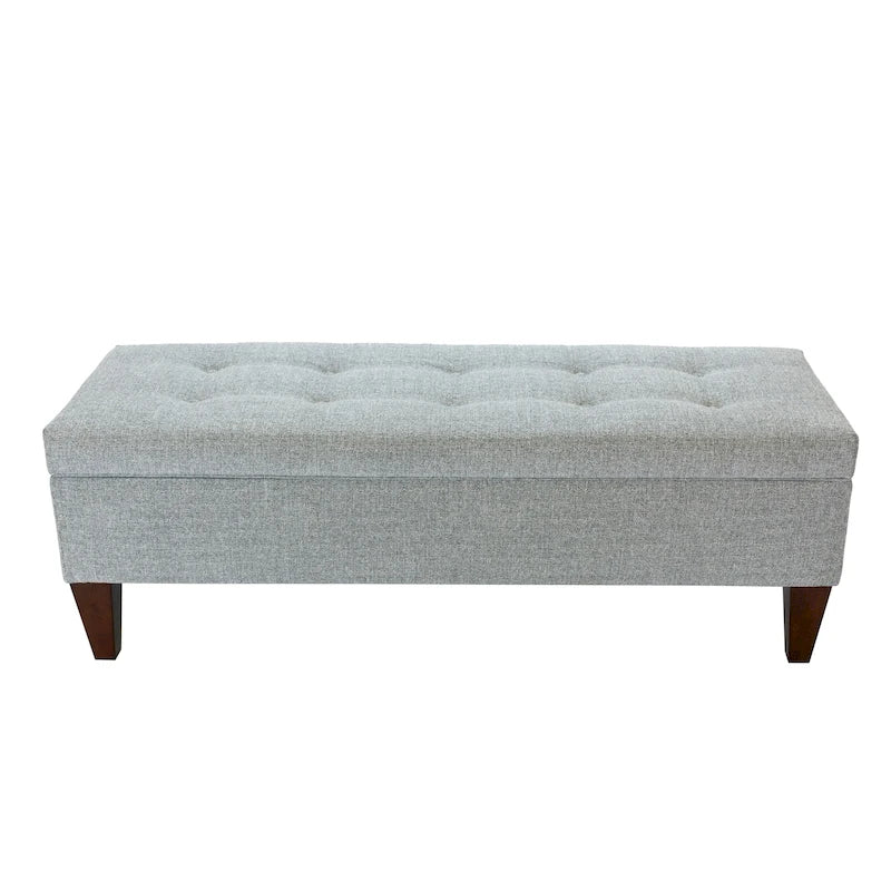 Long banc de rangement en tissu et bois, avec capitonnage à boutons