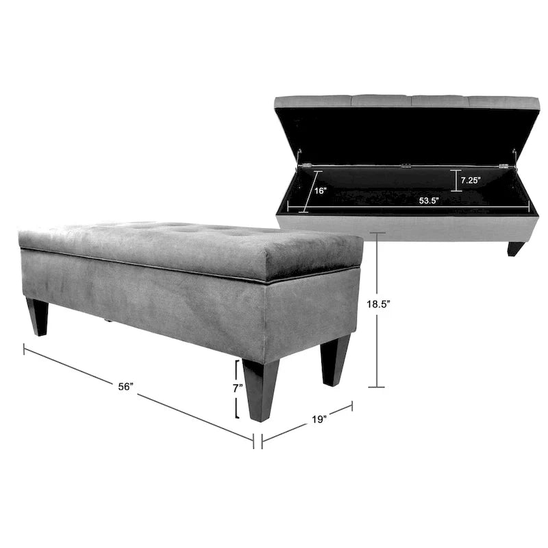 Long banc de rangement en tissu et bois, avec capitonnage à boutons