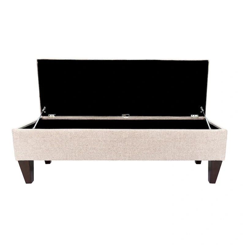 Long banc de rangement en tissu et bois, avec capitonnage à boutons