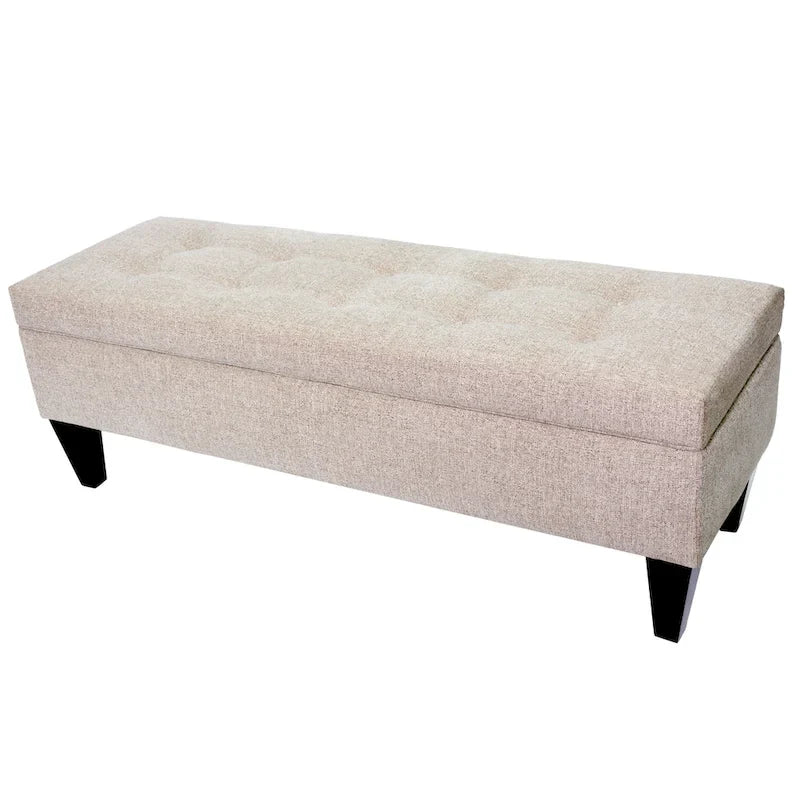 Long banc de rangement en tissu et bois, avec capitonnage à boutons