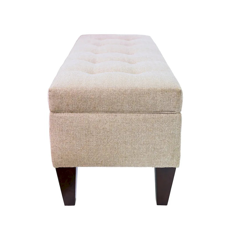 Long banc de rangement en tissu et bois, avec capitonnage à boutons