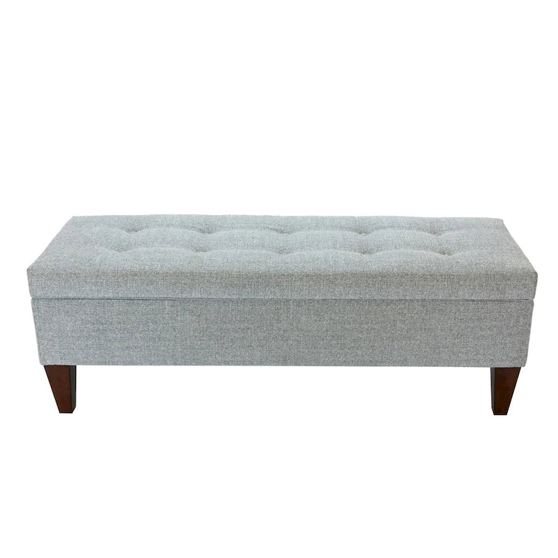 Long banc de rangement en tissu et bois, avec capitonnage à boutons