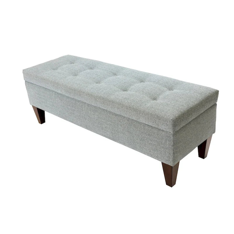 Long banc de rangement en tissu et bois, avec capitonnage à boutons