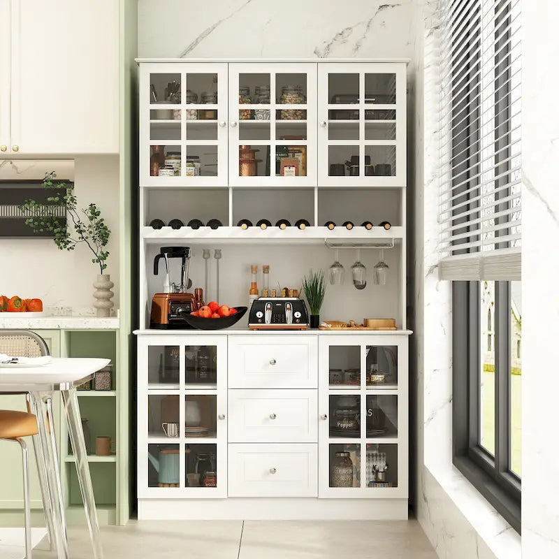 78.9 Vorrats- und Buffetschrank in Weiß mit Weinglashalter, Schublade und Aufsatz