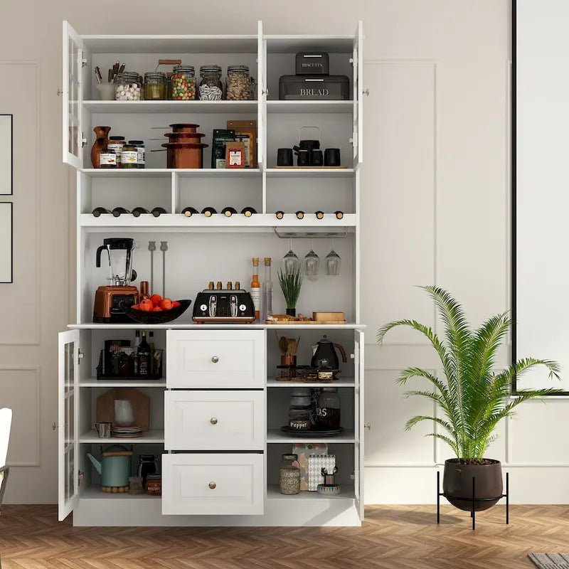 78.9 Vorrats- und Buffetschrank in Weiß mit Weinglashalter, Schublade und Aufsatz