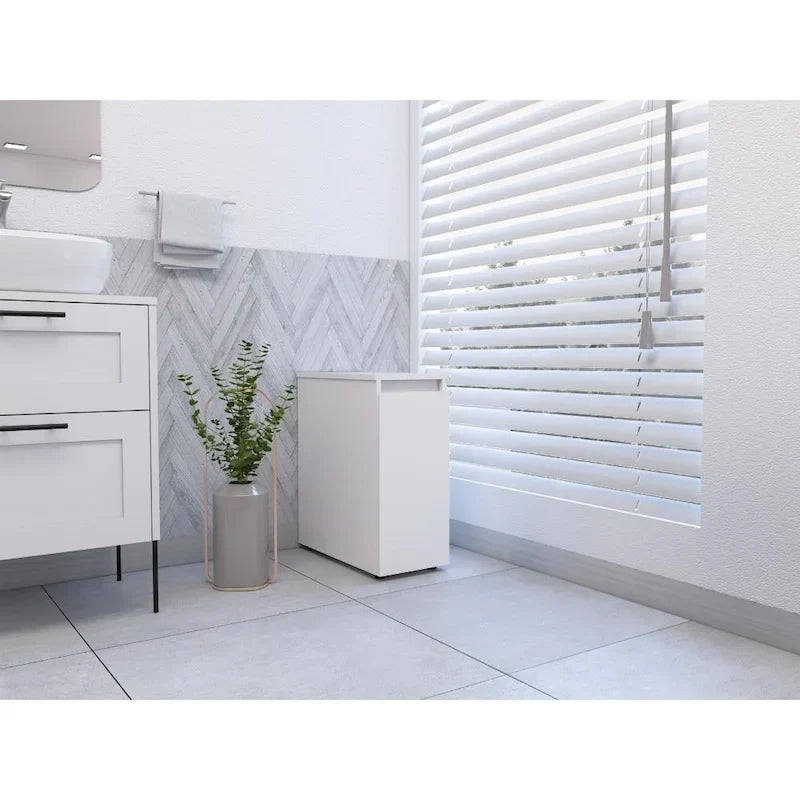 Badezimmerschrank mit hochklappbarer Oberseite und Schublade