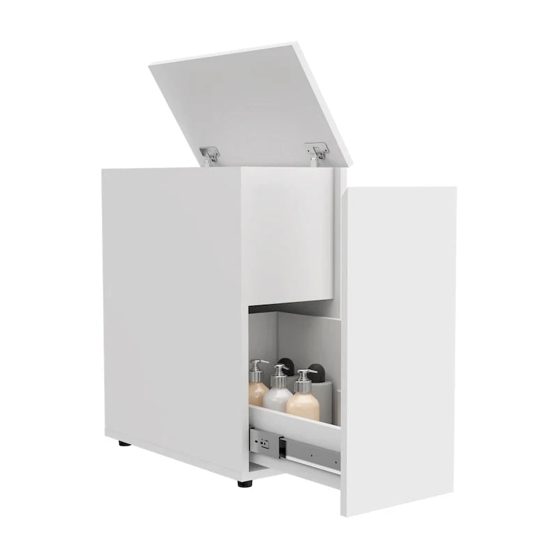 Badezimmerschrank mit hochklappbarer Oberseite und Schublade