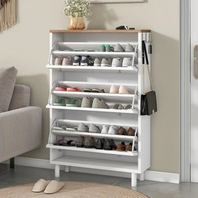 Schuhschrank mit 3 Klappschubladen, Holzmaserung und 3 Haken, freistehendes Schuhregal mit verstellbarem Einlegeboden