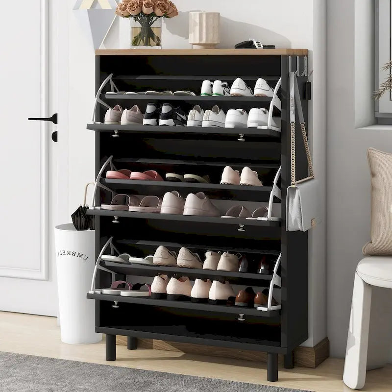 Meuble à chaussures avec 3 tiroirs basculants, motif grain de bois et 3 crochets, étagère à chaussures autoportante avec panneau réglable