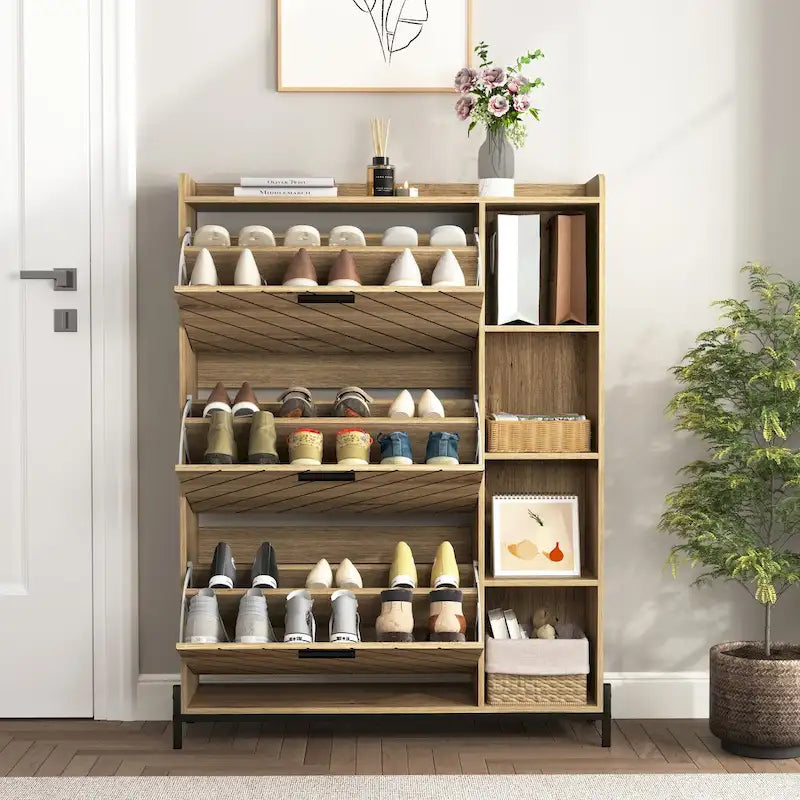Schuhschrank mit 3 Klappschubladen und offenen Regalen, moderner schmaler Schuhschrank für den Eingangsbereich, schmaler Schuhkipper