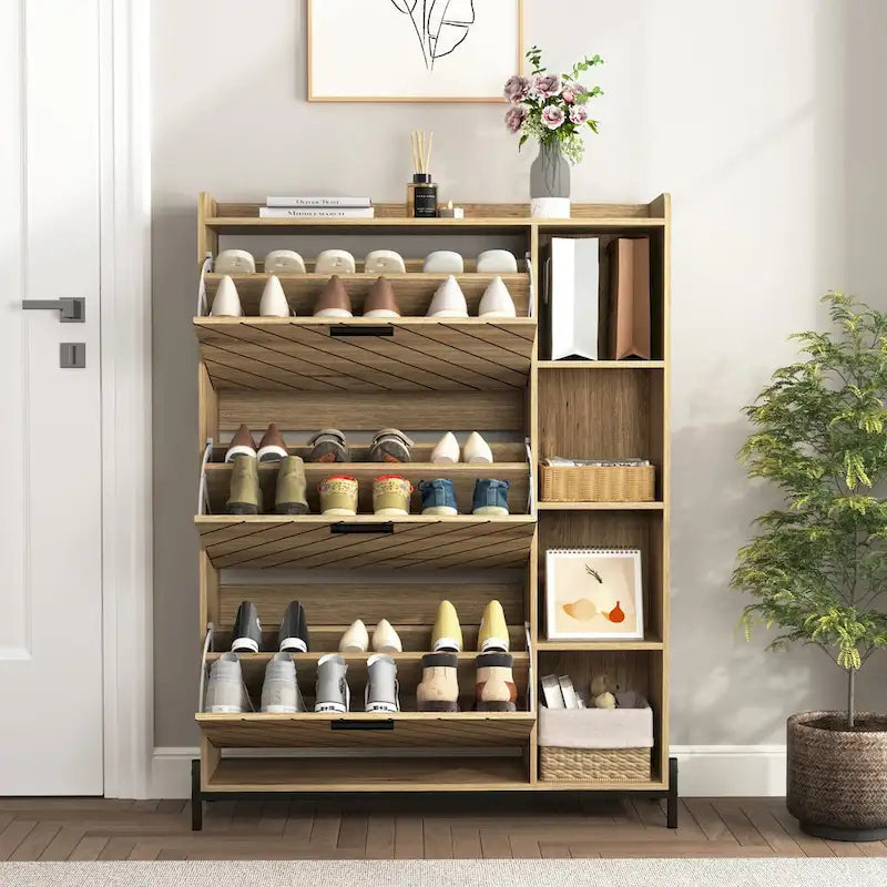 Schuhschrank mit 3 Klappschubladen und offenen Regalen, moderner schmaler Schuhschrank für den Eingangsbereich, schmaler Schuhkipper